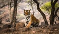 Male tiger in India after rainy season Royalty Free Stock Photo