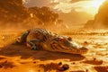 Majestic Crocodile Basking on Riverside Sand at Golden Sunset, Exotic Wildlife Scene with Ambient Light