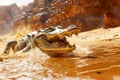 Majestic Crocodile Emerging from Golden Desert Waters against a Rocky Terrain Backdrop