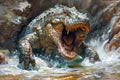 Majestic Crocodile Emerging from Water with Open Jaws in a Dynamic Wildlife Illustration