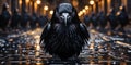 The majestic crow, rising above the dark asphalt in the night, like a symbol of secrets and rid Royalty Free Stock Photo