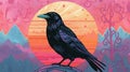 Majestic Crow at Sunset over Vibrant Mountains Royalty Free Stock Photo