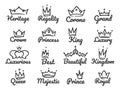 Majestic crown logo. Sketch prince and princess, hand drawn queen sign or king crowns graffiti vector illustration set Royalty Free Stock Photo