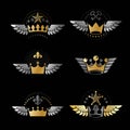 Majestic Crowns and Ancient Stars emblems set. Heraldic Coat of