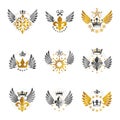 Majestic Crowns and Ancient Stars emblems set. Heraldic Coat of