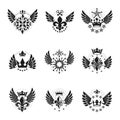 Majestic Crowns and Ancient Stars emblems set. Heraldic Coat of