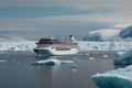 Majestic cruise ship in the Arctic surrounded by stunning glaciers and icebergs. Generative AI