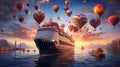 cruise ship sailing beneath a sky filled with hot air balloons