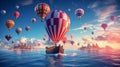 cruise ship sailing beneath a sky filled with hot air balloons