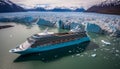 Majestic cruise ship sailing through stunning northern seascape with glaciers in canada or alaska. Royalty Free Stock Photo