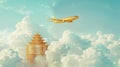 A majestic 3D render of a golden airplane soaring above cumulus clouds.