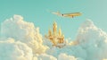 A majestic 3D render of a golden airplane soaring above cumulus clouds.