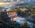 Majestic Dam Overflowing with Water at Sunrise in a Lush Mountain Landscape, Misty Morning Scenery with Hydroelectric Power