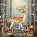 Majestic deer with big horns is standing in magical forest among fantastic mushrooms in winter.