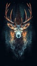 Majestic Deer in Double Exposure on Dark Background.