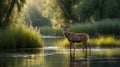 Majestic Deer in Golden Hour River Scene Royalty Free Stock Photo