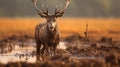 Majestic Deer Standing In Muddy Field At Sunset