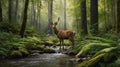 Majestic Deer Standing in a Forest Stream Surrounded by Lush Greenery and Mossy Rocks Royalty Free Stock Photo