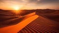 Majestic Desert Silhouette, Soft Golden Hour Lighting, Warm Earth Tones, Shallow Depth of Field, Sahara Desert, Generative AI