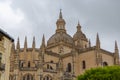 Majestic detailed front view at the iconic spanish gothic ornaments building at the Segovia cathedral, towers and domes