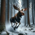 Moose runs through snow covered forest, in majestic display