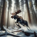 Moose runs through snow covered forest, in majestic display