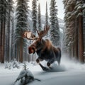 Moose runs through snow covered forest, in majestic display