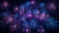 A majestic display of purple and blue firecrackers exploding in a starburst pattern against a plain black background