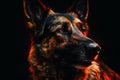 Majestic dog, German shepherd, black, orange, red and white color palette