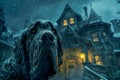 Majestic Dog Standing in Front of a Mysterious Snowy Victorian House at Night with Glowing Windows Royalty Free Stock Photo