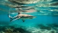 Majestic dolphin swimming in blue water, a tropical underwater adventure generated by AI