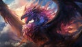 Majestic dragon soars through vibrant sky, igniting fiery imagination generated by AI