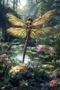 Majestic Dragonfly with Gossamer Wings Over Pond with Water Lilies, Enchanted Forest Scene, Magical Nature Illustration, Digital Royalty Free Stock Photo