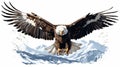 Hyper-realistic Bald Eagle Illustration Soaring Above Snowy Mountains