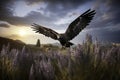 A majestic eagle descends amidst lavender fields against a sunset backdrop, symbolizing freedom and nature's splendor