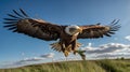 Bald Eagle Soaring Through Blue Sky Carrying Asparagus Above Grassland Royalty Free Stock Photo