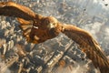 Majestic Eagle Flying Over Urban Cityscape in Dramatic Light with Skyscrapers and Atmospheric Sky
