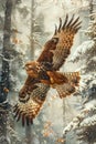 Majestic Eagle Flying Through a Snowy Forest with Sunlight Filtering Through Trees Royalty Free Stock Photo