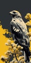 Dark Gray And Yellow Hawk Perched On Tree - Editorial Illustration Poster