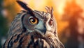 A majestic eagle owl perched on a branch, staring at sunset generated by AI Royalty Free Stock Photo