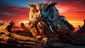 Majestic eagle owl perching on branch, staring at sunset generated by AI Royalty Free Stock Photo