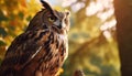 A majestic eagle owl perching on a branch, staring at sunset generated by AI Royalty Free Stock Photo