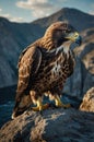 Majestic Golden Eagle Perched on Mountain Rock at Sunset Royalty Free Stock Photo