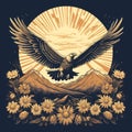 Majestic Eagle Soaring Above Flowered Mountains Vintage T-shirt Design Royalty Free Stock Photo