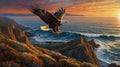 Majestic Bald Eagle Soaring Over Coastal Cliffs at Sunset Scenery with Ocean Waves Royalty Free Stock Photo