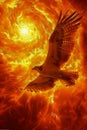 Majestic Eagle Soaring with Outstretched Wings in a Fiery Orange Swirling Sky A Vibrant Symbol of Freedom and Power Royalty Free Stock Photo