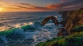 Eagle Soaring Above Coastal Cliffs at Sunset, Majestic Flight over Ocean Waves Royalty Free Stock Photo
