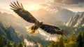 Majestic eagle soaring over mountains at sunrise. Nature landscape with wildlife. Serene outdoor scene. Perfect for