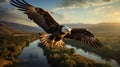 Majestic Eagle Soaring Over Sunlit River Valley. Generative ai