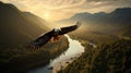 Majestic Eagle Soaring Over Sunlit River Valley. Generative ai